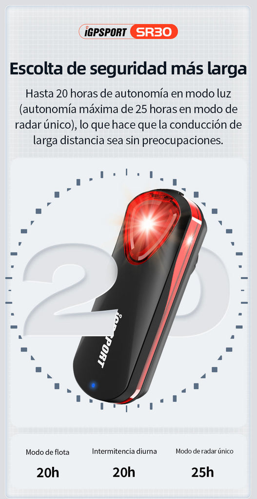 Carga Especificaciones Luz Radar SR30 iGPSPORT Chile SERJAF Cycling