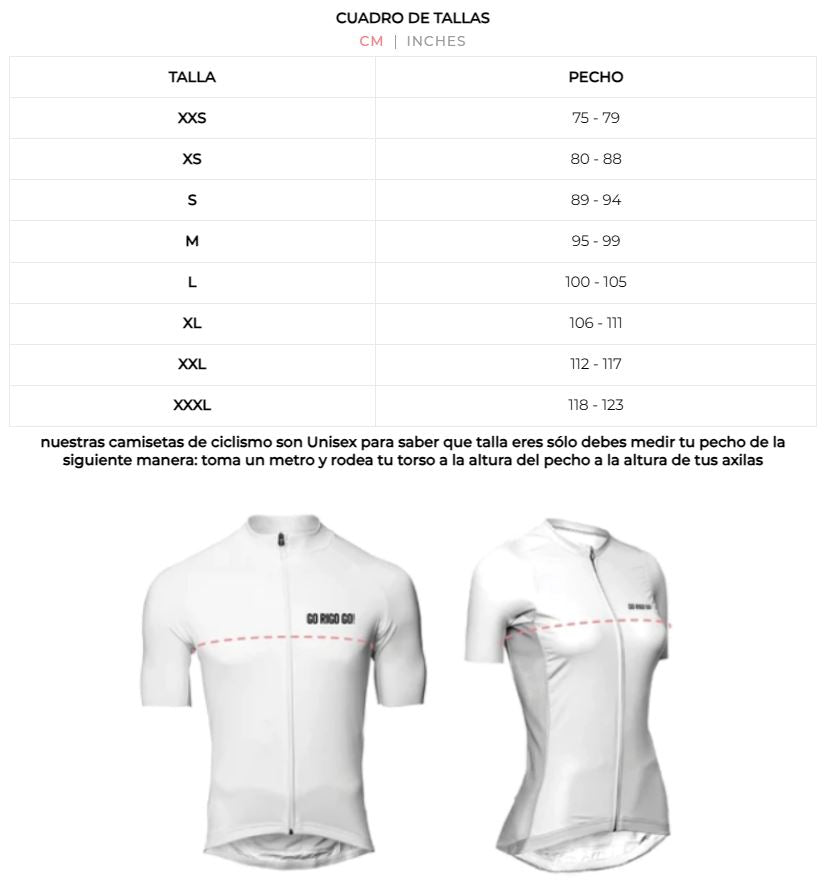 Guia de tallas Jersey de ciclismo negro transpirable Go Rigo Go KM50, ideal para paseos y entrenamientos ligeros