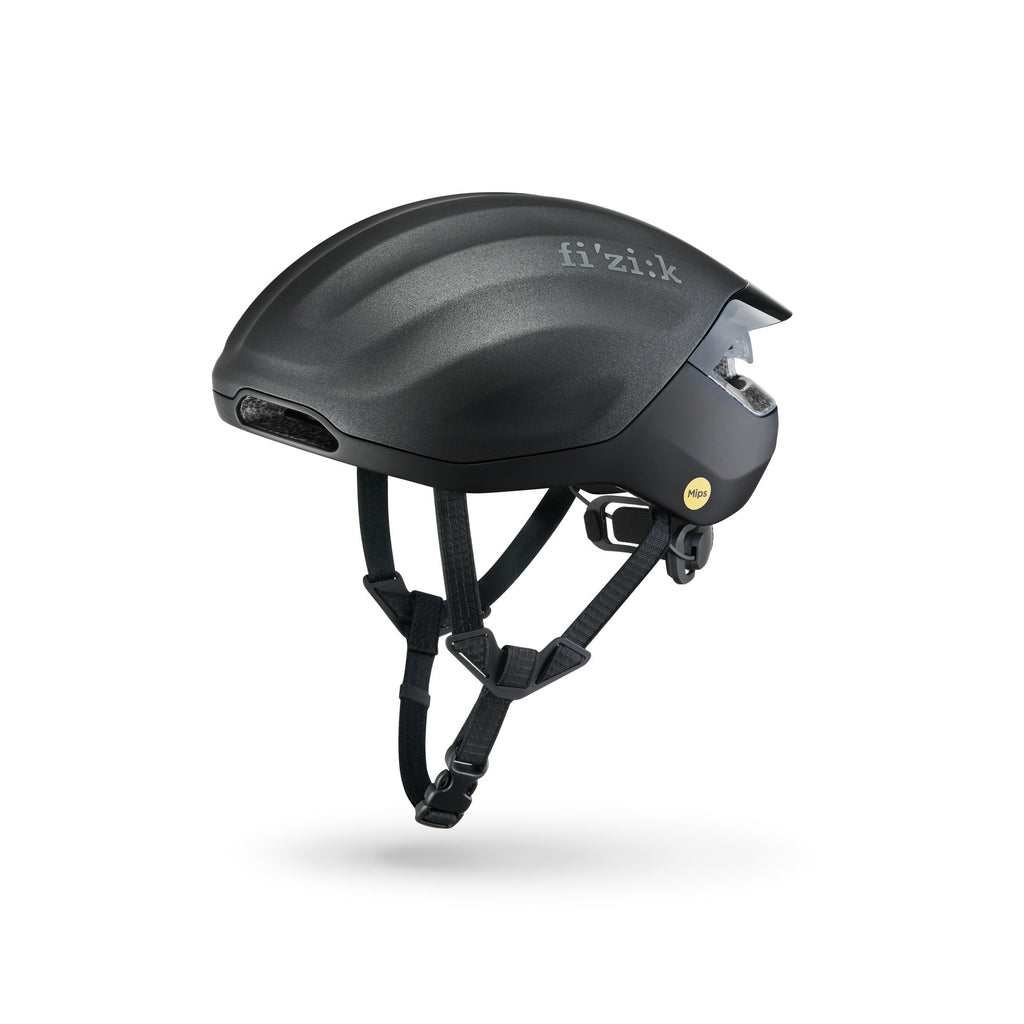 Vista lateral del casco Fizik Kudo Aero Black mostrando su perfil aerodinámico y acabados premium