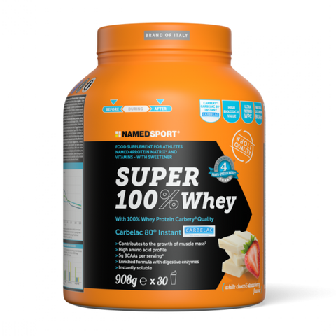 Super 100% Whey Proteina Italiana NAMEDSPORT Chocolate Blanco con Frutilla 908g